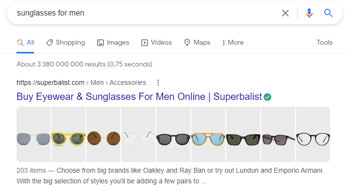 óculos de sol para homens na pesquisa do google